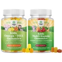 Bundle of Kids DHA Omega 3 Gummies - Fedtsyrer Omega 3 6 9 for hjerne, immunstyrke & Vision og Plantebaserede Kids Multivitamin Gummies med Vitaminer A C D3 E B og Zink til Immunitetsstøtte