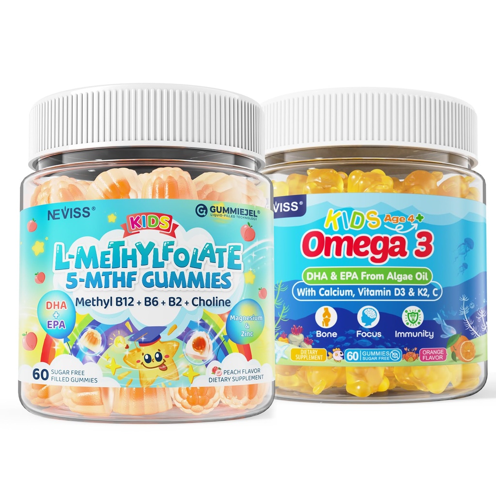 Kids L- methylfolate Gummies, Active 5- MTHF + Methyl B12, B6-vitamin, B2, Cholin, Vegan Omega 3 DHA & EPA + Kids Omega 3 Gummies + Calcium 400mg + Vitamin D3 K2 + C, Omega-3 DHA & EPA Supplement