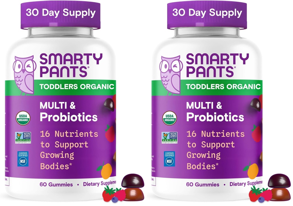 SmartyPants Organic Toddler Multivitamin Gummies: Probiotika, Omega 3 (ALA), Vitamin D3, C, Vitamin B12, B6, A, K & Zink, Beta Caroten, Gluten Free, Three Fruit Flavors, (30 Day Supply), 60 Greve (Pack of 2)