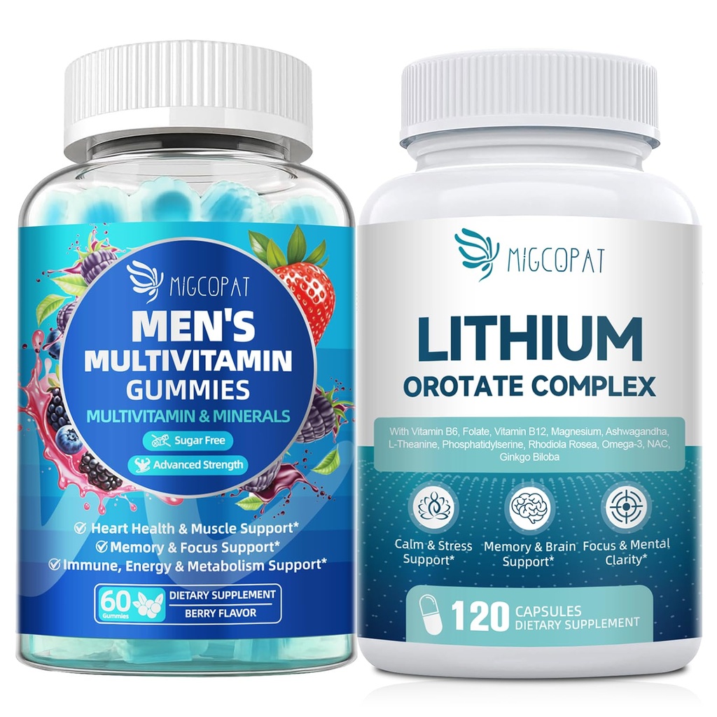 Migcopat Mænds Multivitamin Gummies & Lithium Orot Complex Bundle, Omega-3, Magnesium