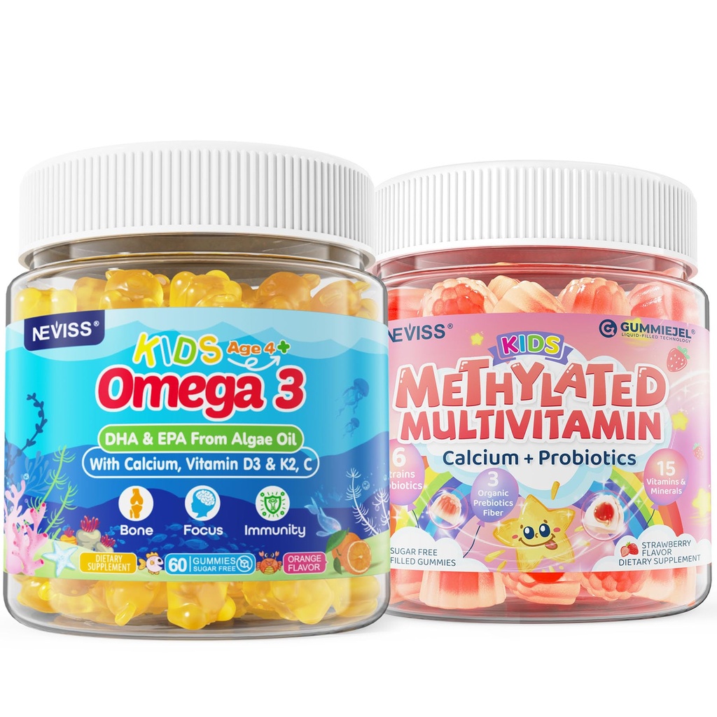 Kids Methylerede Multivitamin Gummier med Calcium, Probiotika + Omega 3 Gummier med Vitamin D3 & K2, C, DHA