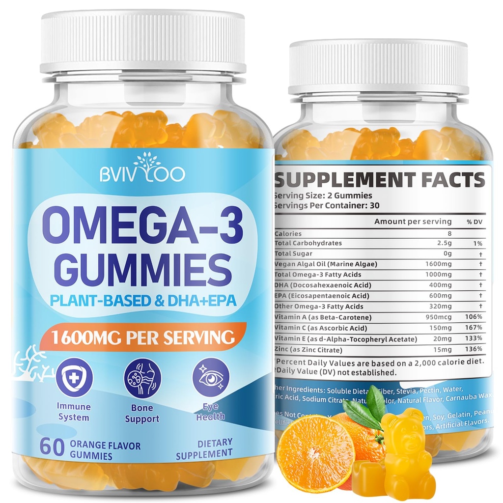 Vegan Omega-3 Gummies - 1600 mg med 600 mg EPA & 400mg DHA. Høj Absorptionsformel. Lækker orange flavor - 60 gummies