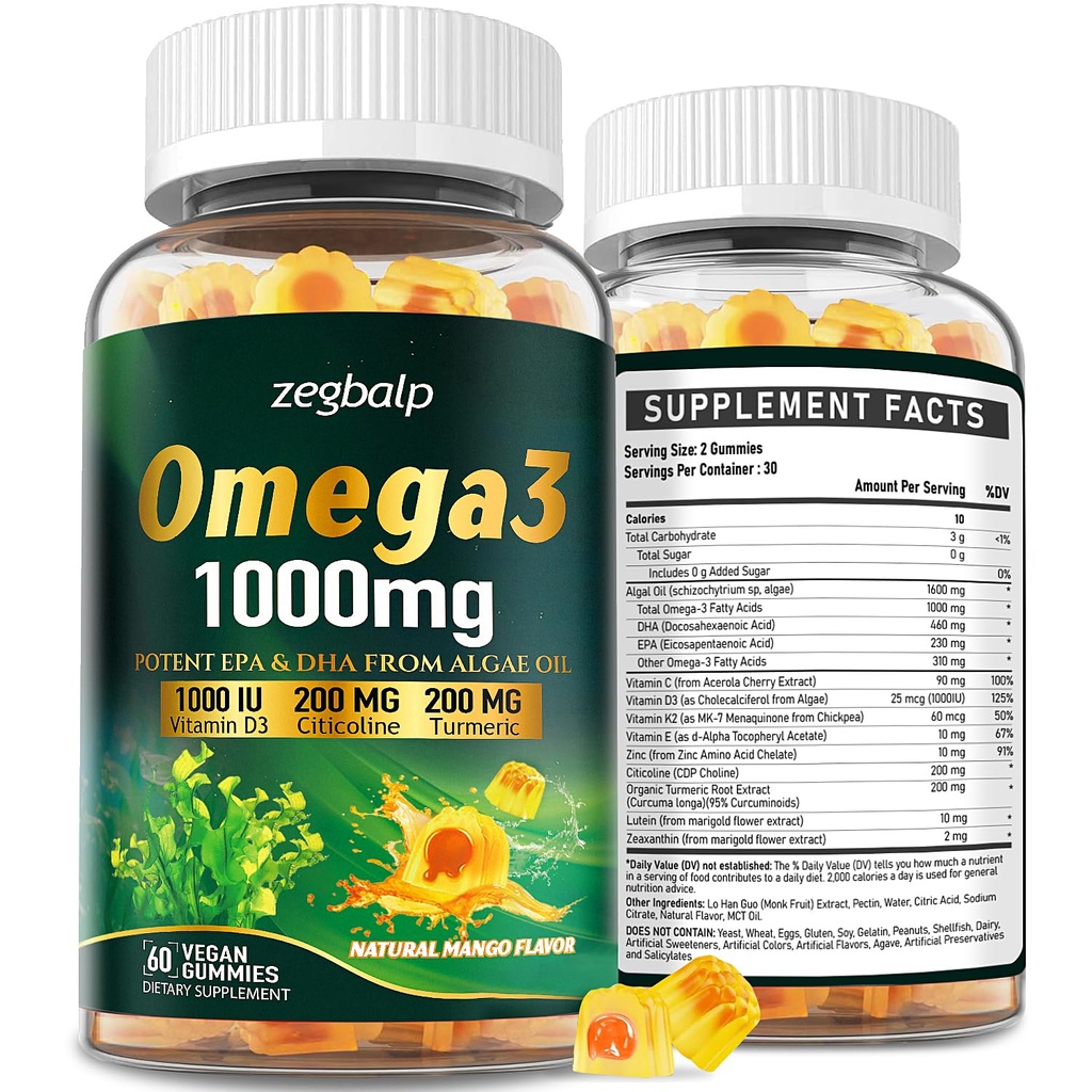 Omega-3 Supplement Gummies for kvinder & mænd - 1000mg Vegan Omega3 DHA & EPA med gurkemeje, D3- vitamin, K2, Citicolin for total sundhed - Alger Oil Omega 3 Fedtsyretilskud, sukkerfri