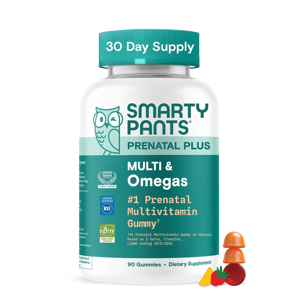 SmartyPants Prenatal Multivitamin Gummies med Omega 3 DHA / EPA, Methylfolat, Biotin, Vitamin D3, C, B12, B6, A, K, og Zink, Gluten Free, Clean Label, To Fruit Flavors, 90 Gummies (30 Day Supply)