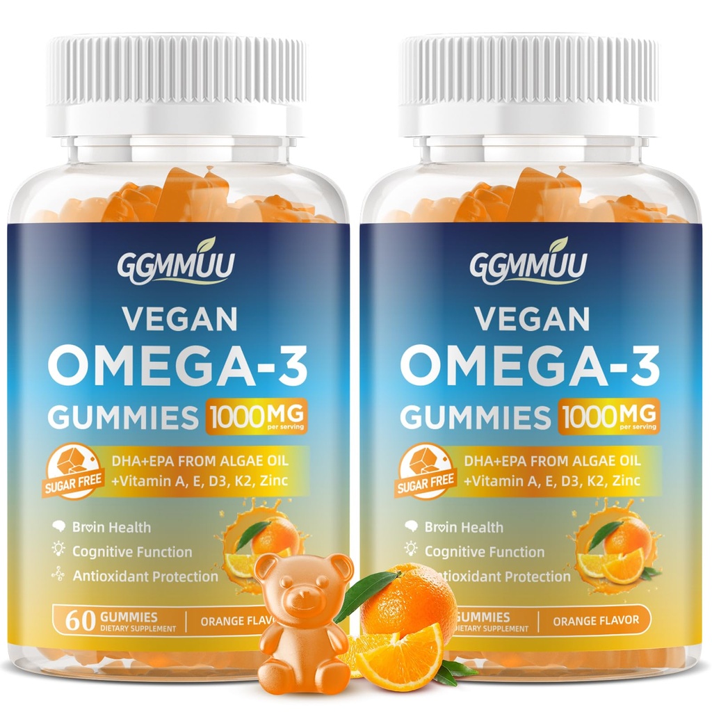 2 Pack Vegan Omega 3 Gummies 1000MG Algal Oil Omega 3 supplement til voksne med Alger DHA 600mg & EPA 300mg Fish Oil Alternative - for Eye & immunforsvar, Orange Flavor, 120 Greve
