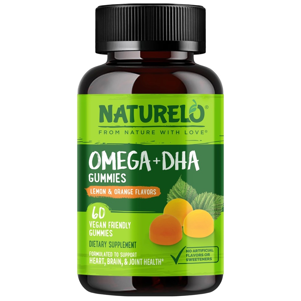 NATURELO Vegetarisk DHA og Omega 3 Supplement fra Alger og Chia Seed Oil for Heart, Brain og fælles sundhed - Ingen fisk, Gelatine, eller kunstige sødestoffer - 60 gummies