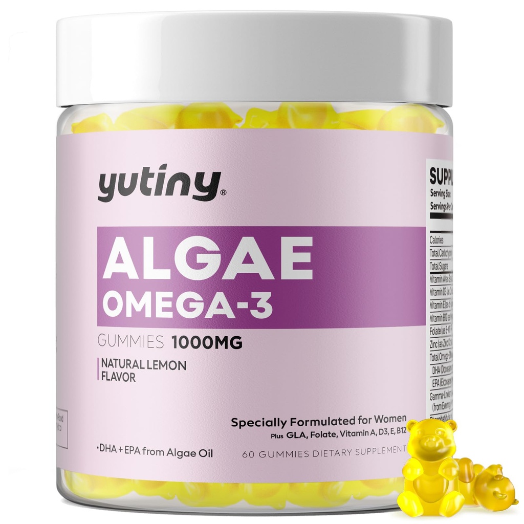Vegansk Omega 3 Gummier for kvinder, Alger Omega 3 1000mg tillæg med DHA, EPA, GLA, vitamin A, E, B12, Folate, Skin & Brain Health, Sukker Free, 60 Greve