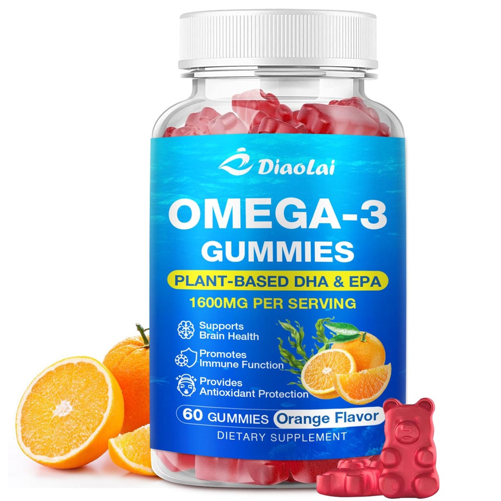 Vegansk Omega-3 Gummies for voksne - sukkerfri, Algae- baseret DHA 600mg & EPA 300mg, med Vitamin A, C, E, Zink - Omega 3 Fish Oil Alternative, 60 Greve