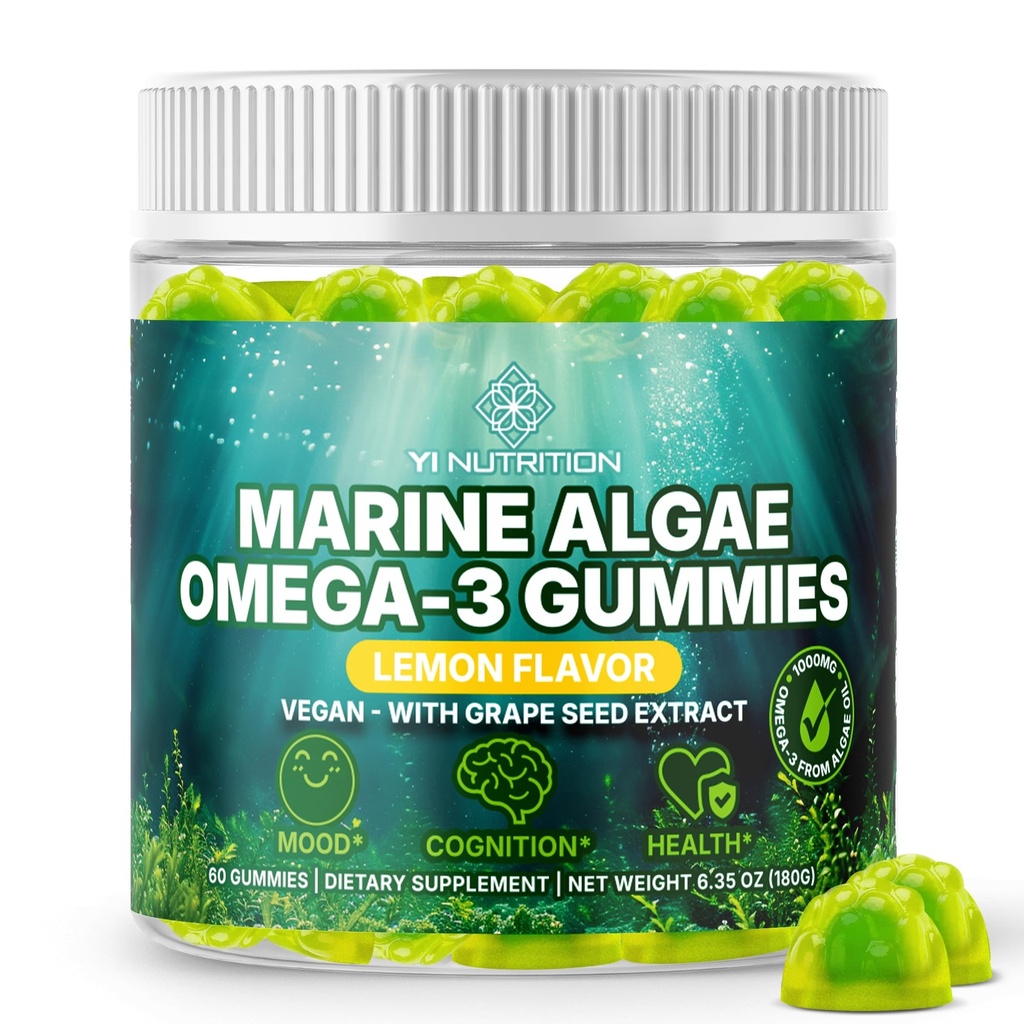 Marine Alger Omega 3 Gummies med 3400mg + membran 124; DHA / EPA / ALA, 20: 1 Grape Seed Extract, C-vitamin & Folate Medical 124; Heart, Brain & Skin Medical 124; Plant- Based, Sugar- Free, 60 Ct