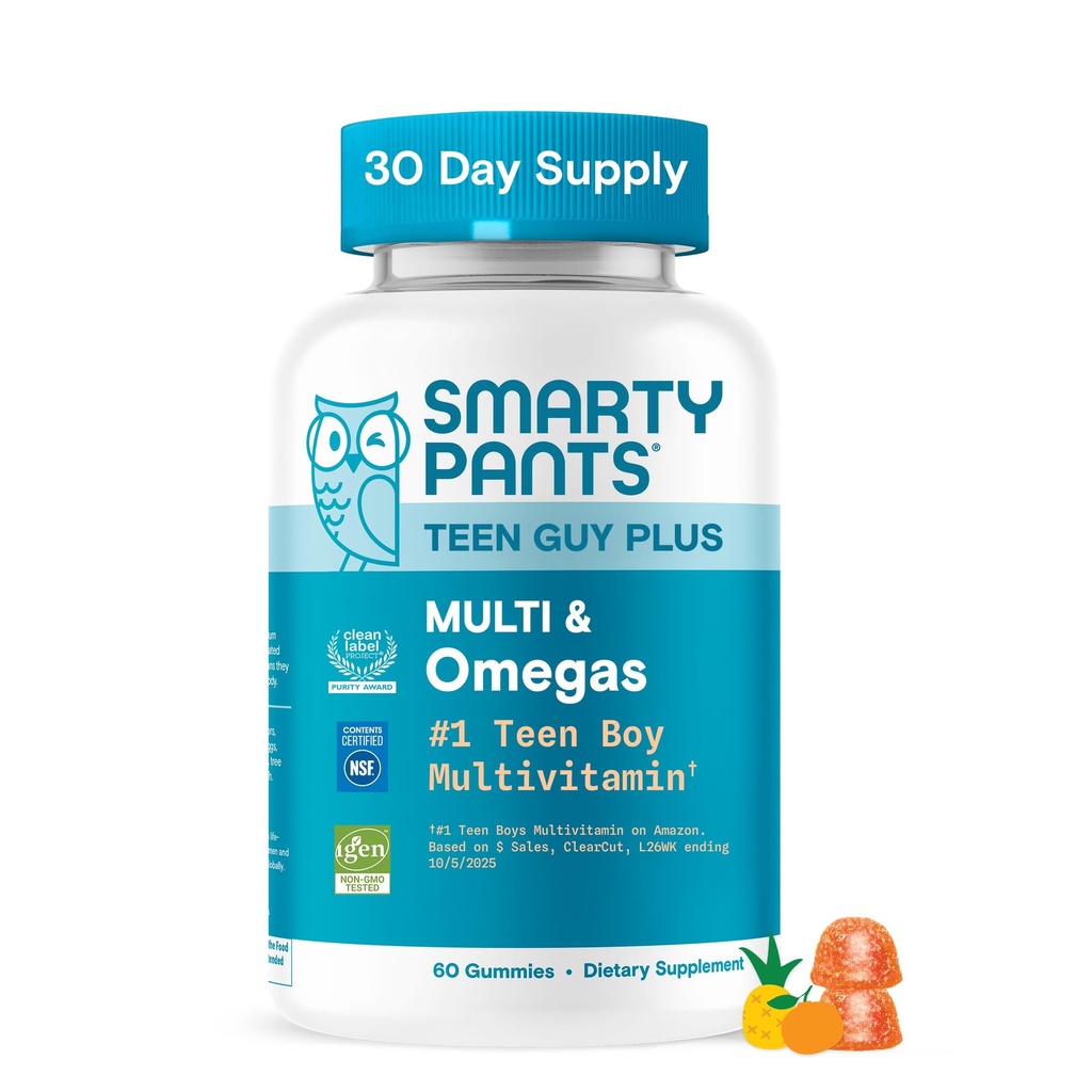 SmartyPants Teen Guy Plus Multi & Omegas Multivitamin Gummies med Omega 3 DHA / EPA, Vitaminer D3, C, B12, B6, A, K, Zink, Folate, Gluten Free, Clean Label, Pineapple Orange, 60 Gummies (30 Day Supply)