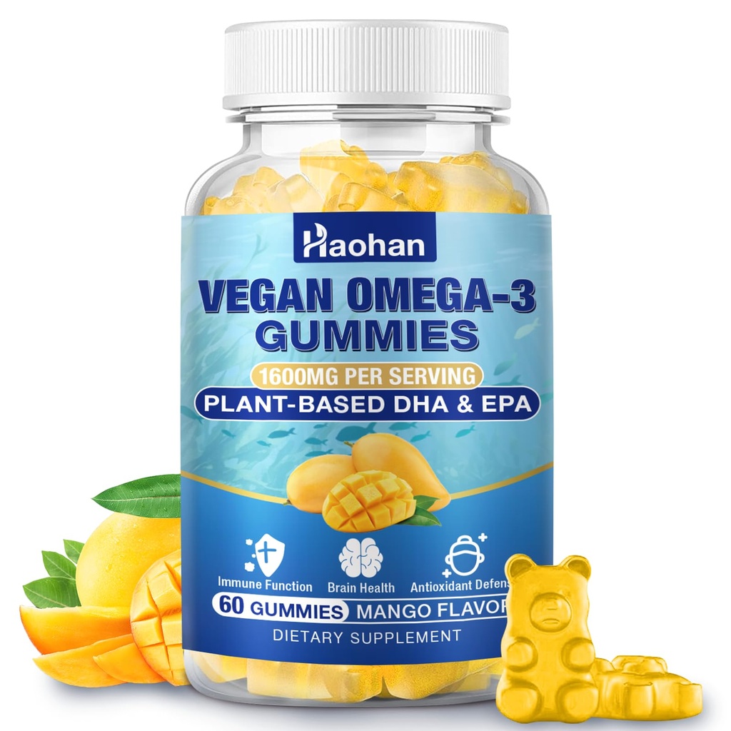 Omega-3 Gummies til voksne, Orange Flavor - sukkerfri, Algae- derived DHA 600mg & EPA 300mg, med Vitamin A, C, E, Zink, 60 Gummies