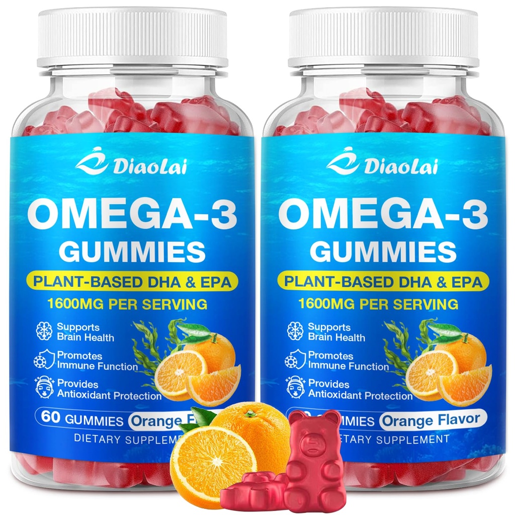 2 Pack Vegan Omega-3 Gummies for voksne - sukkerfri, Algae- baseret DHA 600mg & EPA 300mg, med Vitaminer A, C, E, Zink - Omega 3 Fish Oil Alternative, 120 Count