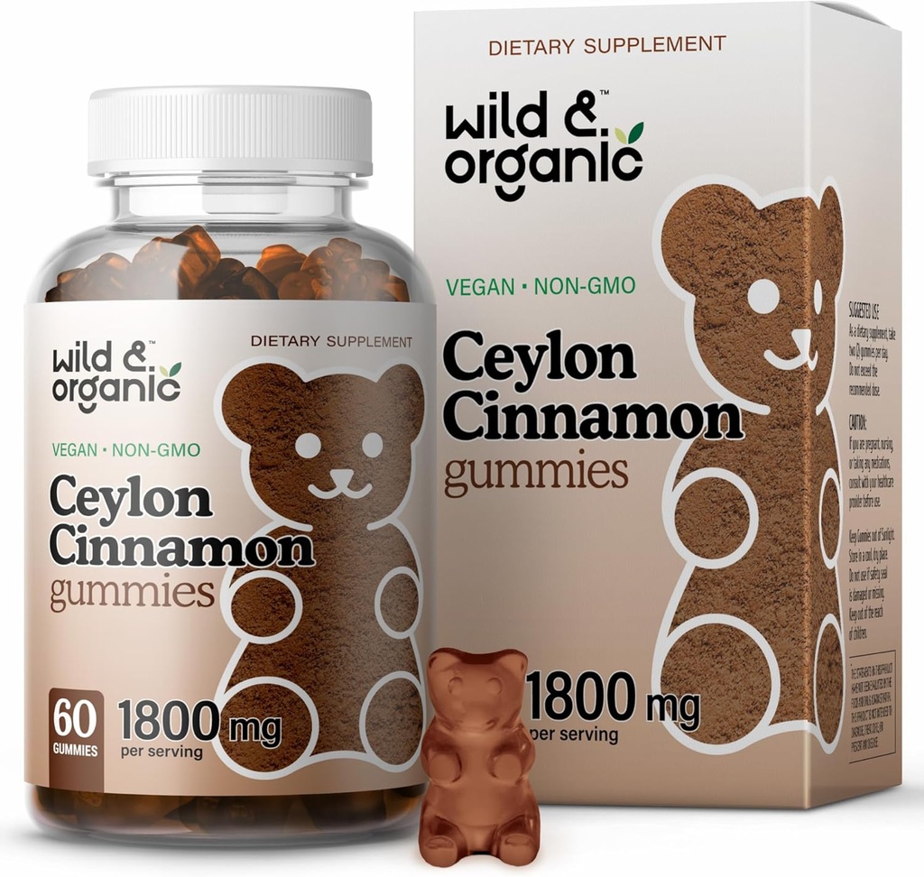 Wild & Organic Ceylon Cinnamon Gummies 1800 mg - Antioxidants Support w / Cinnamon, Gurkemeje Root, Ingefær - 60 Vegan, Ikke-GMO tygger