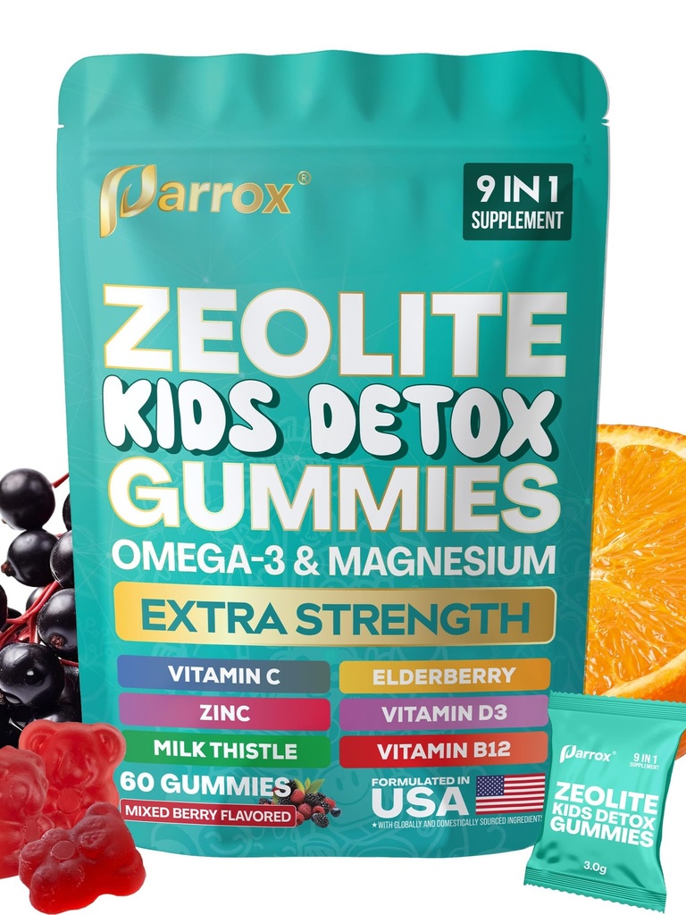 Zeolit Kids Gummies, 9-in-1 med Zeolit, Omega-3, Magnesium, Elderberry, C-vitamin, Mælketidsel, D3-vitamin, zink, B12 - sukkerfri (60 Gummies - blandet berry flavor)