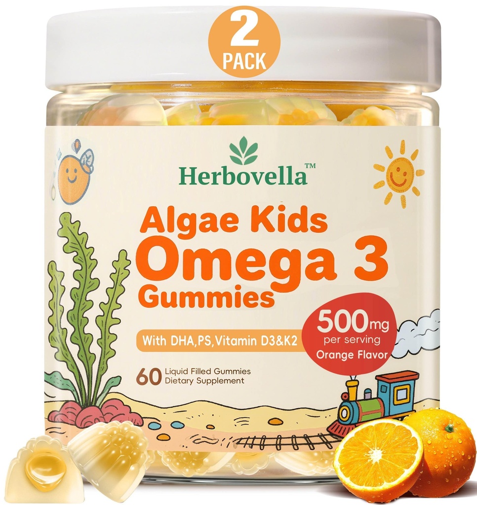 Kids Omega 3 Gummies 2 Pack, Vegan Algae DHA 420mg med PS, Vitamin D3 K2, Sugar Free, No Fish Oil, Brain & Focus Support for Kids, 120 Gummies