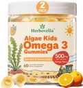 Kids Omega 3 Gummies 2 Pack, Vegan Algae DHA 420mg med PS, Vitamin D3 K2, Sugar Free, No Fish Oil, Brain & Focus Support for Kids, 120 Gummies