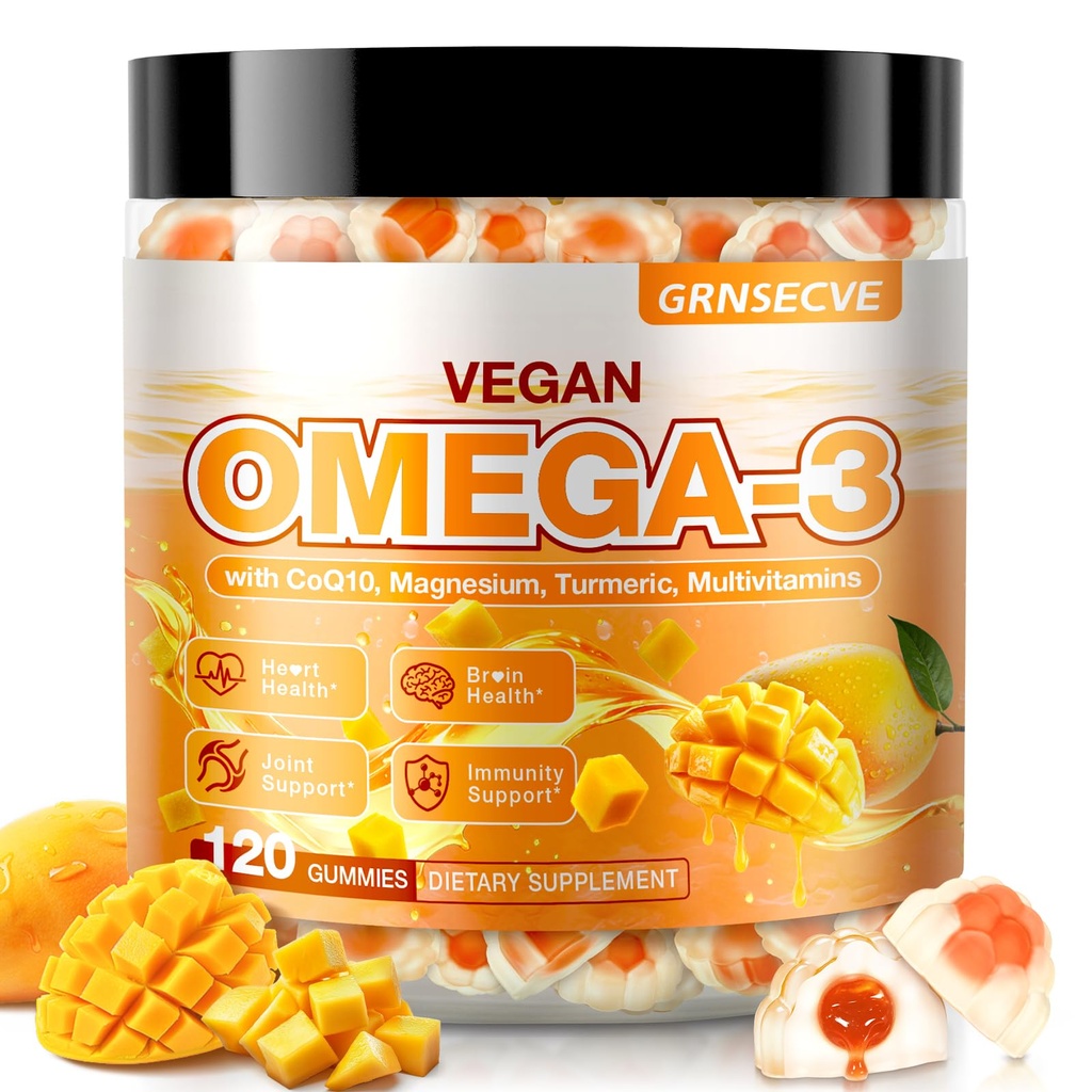 Vegan Omega-3 Gummies - Fish Oil Omega 3 Kosttilskud Alternativ for voksne - Alger DHA 600mg & EPA 400mg, Vitamin D3 K2 - Ingen fisk smag - for hjerne, øje, immunforsvar - Sukker fri, 120 Greve