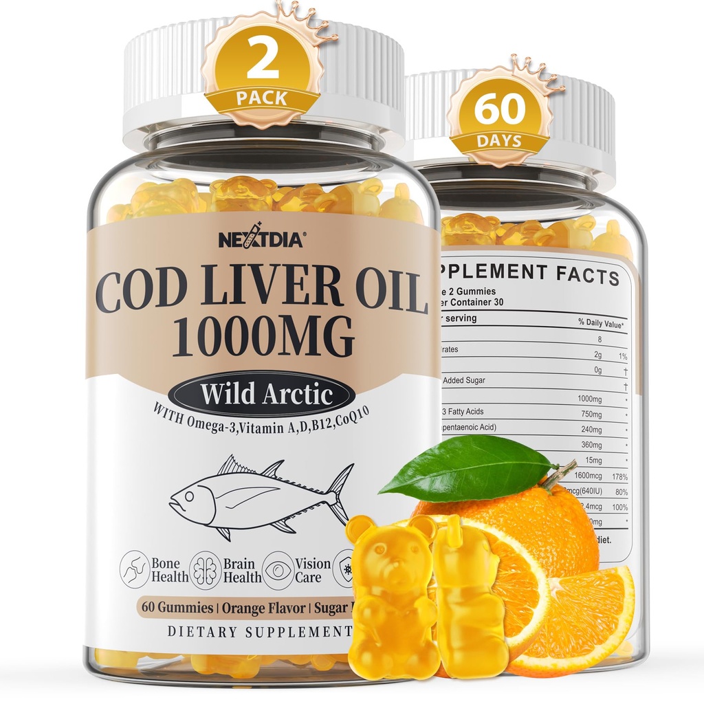 Torsk leverolie 1000mg gummier til voksne & børn, med vitamin A & D3 - Omega 3 Fish Oil Supplement - DHA 360mg & EPA 240mg til hjerne, ben, øje og immunforsvar, sukker fri, 120 Tæl