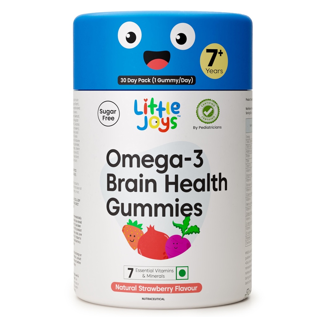 Little Joys Omega-3 (DHA) Brain Gummies for Kids. 7-12 År. 30 Day Pack. Plantebaseret Omega-3 Kosttilskud. Lavet med Chicory Root Fiber til Gut Health. Multivitaminer Rich. Ingen Sugar.