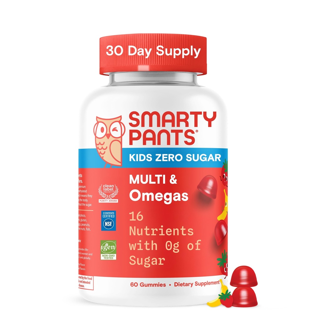 SmartyPants Kids Zero Sugar Multivitamin Gummies: Omega-3, Vitamin D, C, A, Plant- baseret, Gluten Free, Strawberry Banana Flavor, 60 Greve (30 dages forsyning)