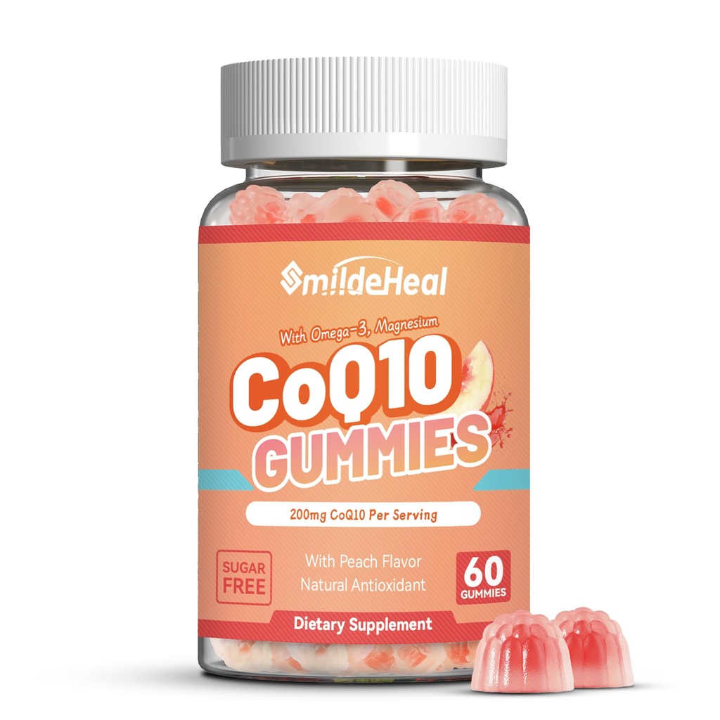 CoQ10 Gummies 200mg med Omega-3, EPA + DHA, & Magnesium - Coenzym Q10 Kosttilskud til hjertesygdomme, cellulær energi & antioxidant, Vegan - 60 Gummies