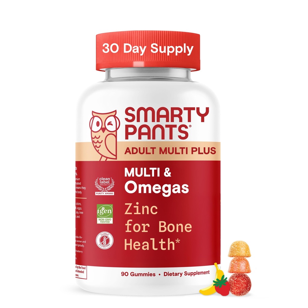 SmartyPants Multivitamin til mænd og kvinder, Multivitamin Gummies med Omega 3 (DHA / EPA), Vitamin D3, C, vitamin B12, B6, A, K & Zink, Biotin, Gluten Free, 90 Greve (30 Day Supply)
