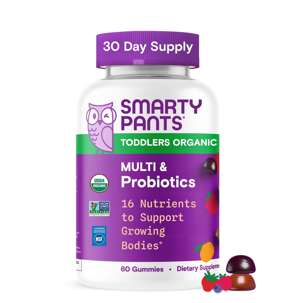 SmartyPants Organic Toddler Multivitamin Gummies: Probiotika, Omega 3 (ALA), Vitamin D3, C, Vitamin B12, B6, A, K & Zink, Beta Caroten, Gluten Free, Tre Fruit Flavors, 60 Greve (30 dages forsyning)