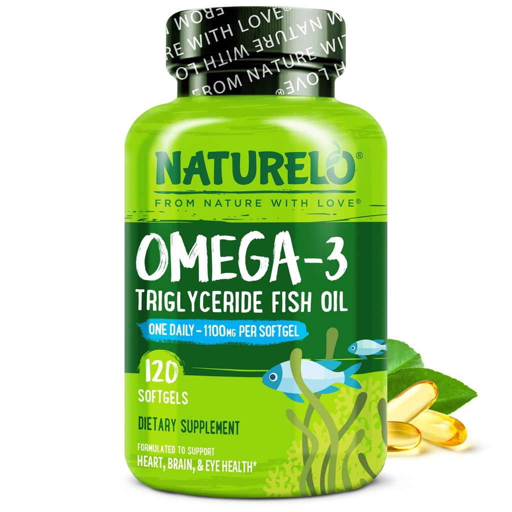 NATURELO Burpless Omega 3 Fish Oil Supplement - 1100mg Triglycerid Omega-3, EPA + DHA, Flydende Fish Oil for Heart, Eye, Brain, Joint Health - 120 Softgels, 4 Months Supply
