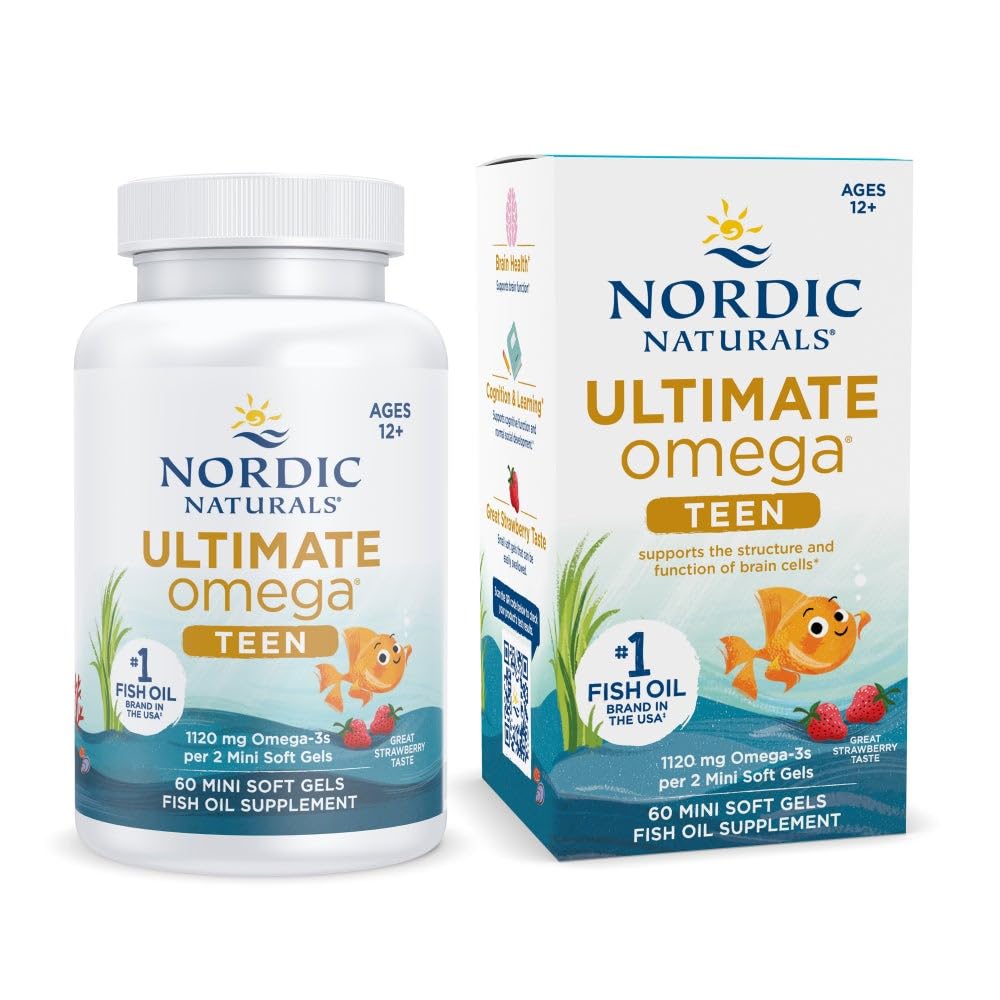Nordic Naturals Ultimate Omega 2X Teen, Strawberry - 60 Mini Soft Gels - 1120 mg Total Omega- 3s med EPA & DHA - Brain Health, Positive Mood, Social Development, Learning - Non-GMO - 30 Servering