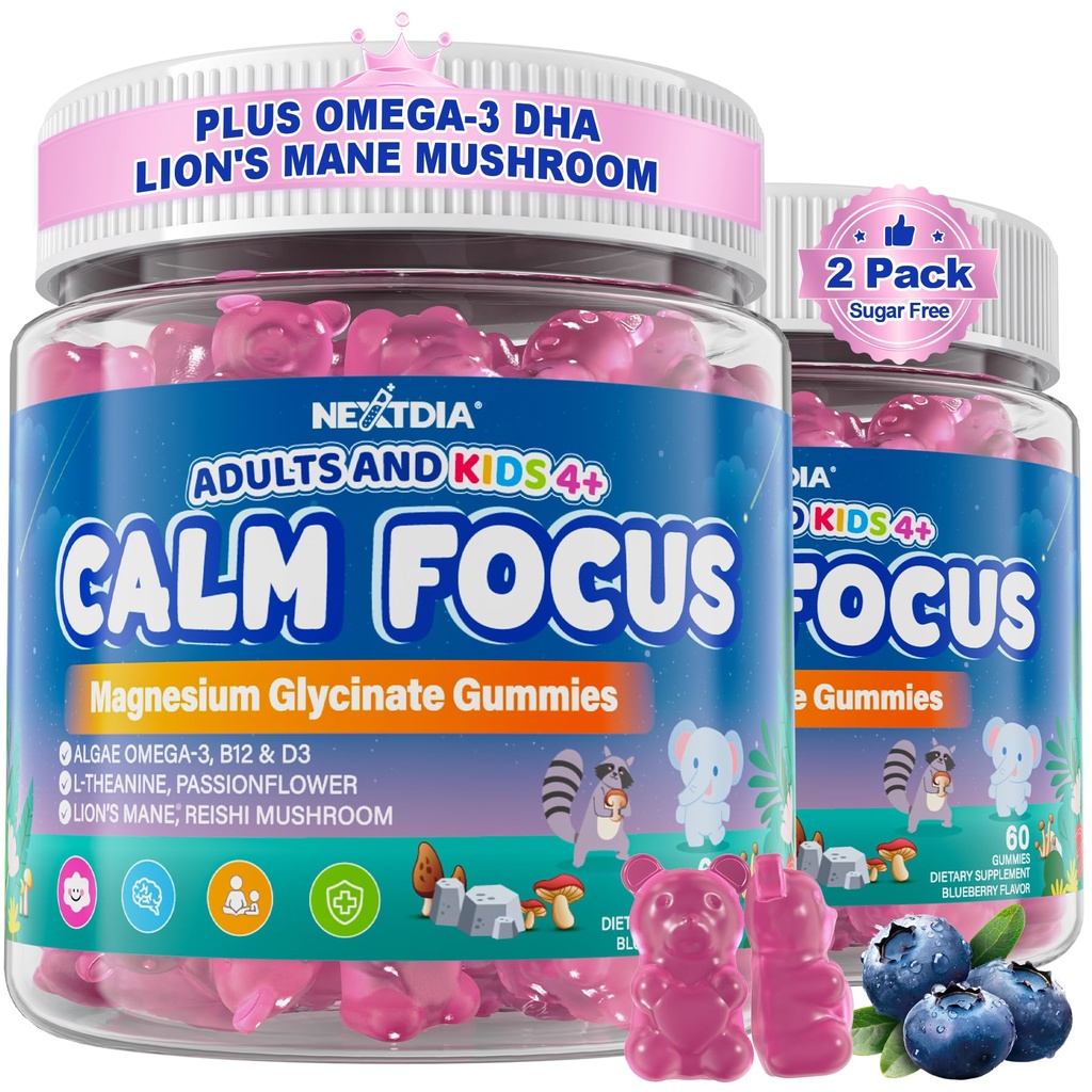 Focus Gummies for Kids & Voksnes, w / Magnesium Glycinate, Omega-3 DHA, Lions Mane, L- Theanin, Methyl B12 & Vitamin D3, Brain Supplement Support Call, Sleep, Opmærksomhed, Koncentration og hukommelse, 120Cts