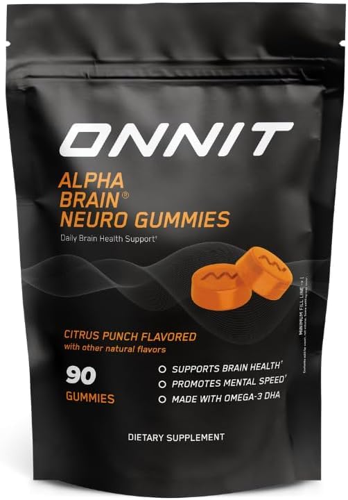 ONNIT Alpha Brain Neuro Focus Gummies, IGEN Non- GMO Testet Vegan Gummies med Omega- 3s Lutein Zeaxanthin og koffein, Brain Eye og Focus Supplement for mænd og kvinder, Citrus Punch, 90 Greve