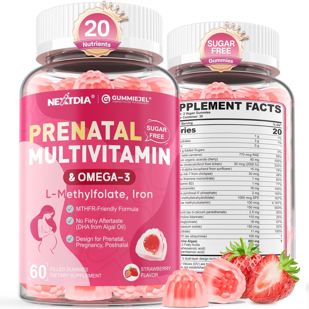 Prenatale vitaminer til kvinder Gummies, Methylfolat 1mg, Vegan Omega 3 DHA 800mg, Jern, Cholin, Jod, Vitamin D3 B6 B12 - Multivitamin til kvinder før, under og efter graviditet, Sukker fri, 60 Tæl