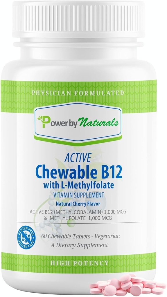 Power by Naturals Active Chewable Methylerede B12 med L- methylfolat tillæg for kvinder & mænd, Cherry Flavor, 60 tabletter