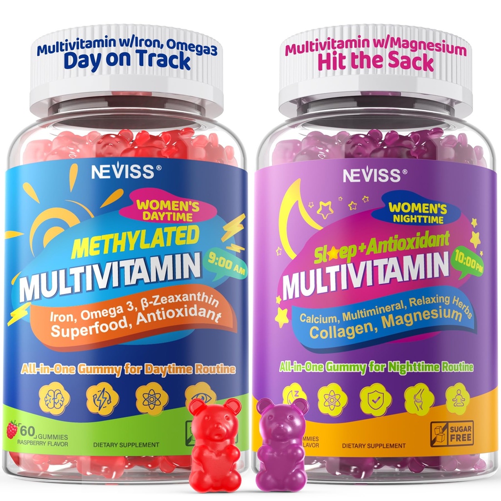 NEVISS 52- in-1 Metyleret multivitamin til kvinder Gummies med jern, Omega-3, B6 B9 B12 til dag Note 124; Magnesium Glycinat, Calcium, Collagen til nat fornyelse / søvn, kvinder 18 30 40 50 60 70 + AM PM Daily
