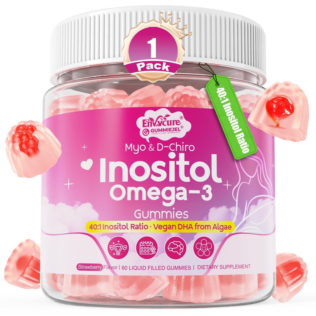 Myo- Inositol & D- Chiro Ideal 40: 1, Inositol + Omega-3 (3: 1) Gummier, Hormone Balance for Women, 124; Sugar Free Inositol Gummies w / Omega 3 DHA: EPA (3: 1), Inositol Supplement for Cycle Health, Vegan, 60 Ct