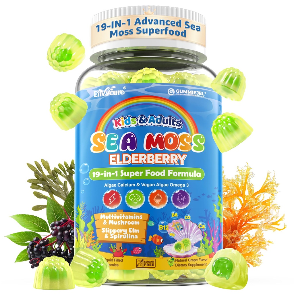 Sea Moss + Elderberry Gummies for Kids & Voksen, 19- 1 Super Food med Spirulina, Alger Omega 3, Algae Calcium, Ashwagandha, Mushroom, Vitamin D3, C for immun, Gut, Bone, Energy, Brain, Vegan 60Cts