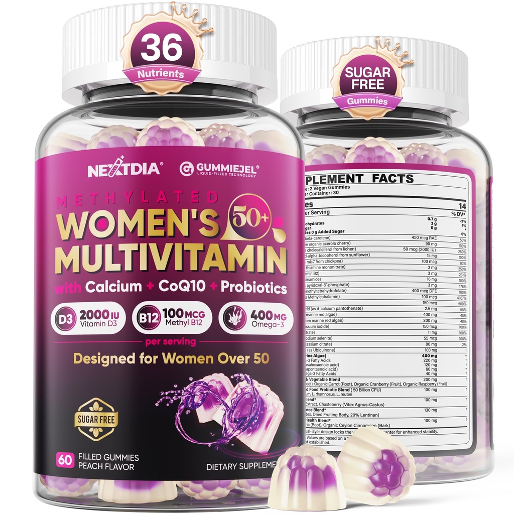 Multivitamin til kvinder 50 Plus Gummies, Vegan Omega 3, Methylfolat, Calcium, D3 K2, CoQ10, Daily Vitamin A C E, Metyleret B12, Biotin, B Complex, Zink - ben, energi, Longevity - Sugar Free, 60Count