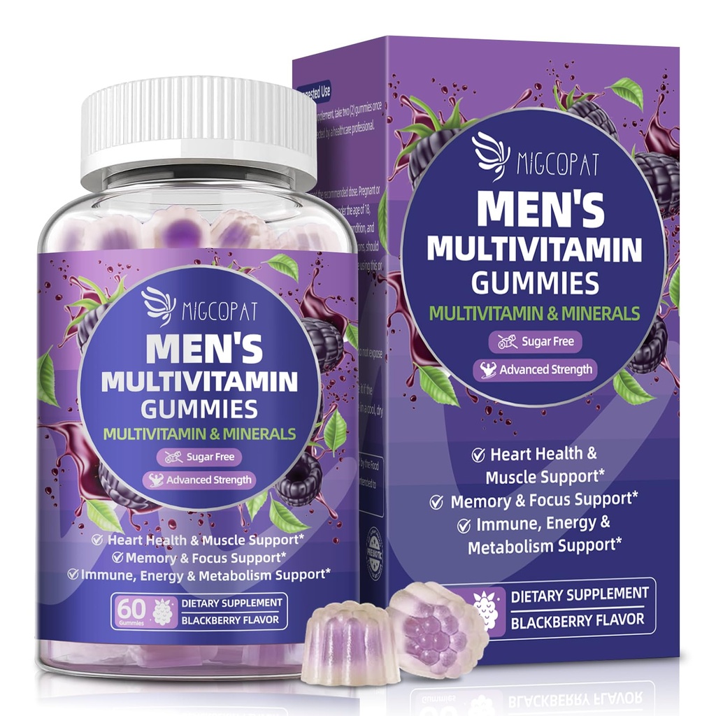 Multivitamin til mænd, Herre Multivitaminer Gummies w / Omega-3, Probiotika, Inositol, Folate, Biotin, Zink, Vitamin A, C, D, E, B, - Support Heart, Brain, Muscle, Energy, Sugar- Free, Blackberry Flavor