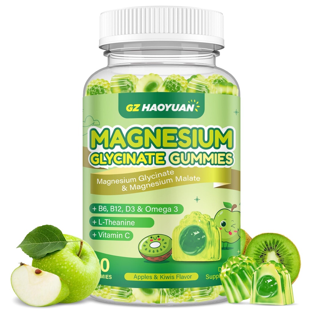 Magnesium Glycinat Gummier for børn og voksne - Sukker fri Magnesiummalat med L-Theanin, Omega-3, D3-vitamin, B6, B12, C- Sleep, Calm, Afslapning, Brain, Bones, Green Apple & Kiwi