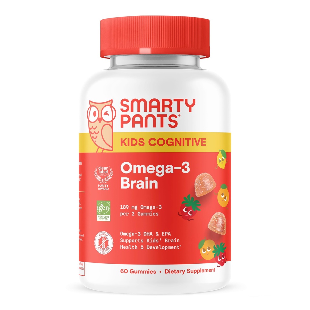 SmartyPants Kids Vitaminer Kognitiv Omega-3 Brain Gummies med DHA & EPA, Citrus Strawberry, 60 Greve (30 dages levering)