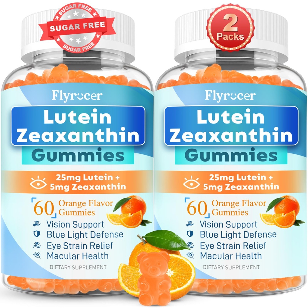 Sugar Free Lutein Gummies 25mg, Lutein og Zeaxanthin Kosttilskud til øje sundhed, 13-in-1 Eye Care Formel med Omega-3 Bilberry Saffran- Vision Sundhed, Eye Strain, tørre øjne, Vegan Orange Flavor 120 Cts