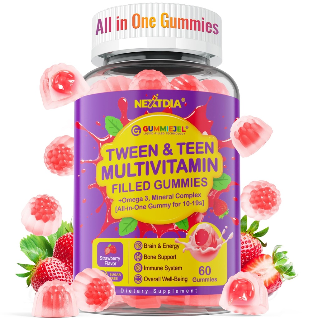 Nextdia Multivitamin Fyldt Gummies for Teen Boys Girls 12- 17, 18, 19, Kids 10 + Multivitamin med Omega 3, Calcium + Magnesium + Zink, Multi- Mineraler for Unge 10- 19S Brain, Bone, Energi, Immun