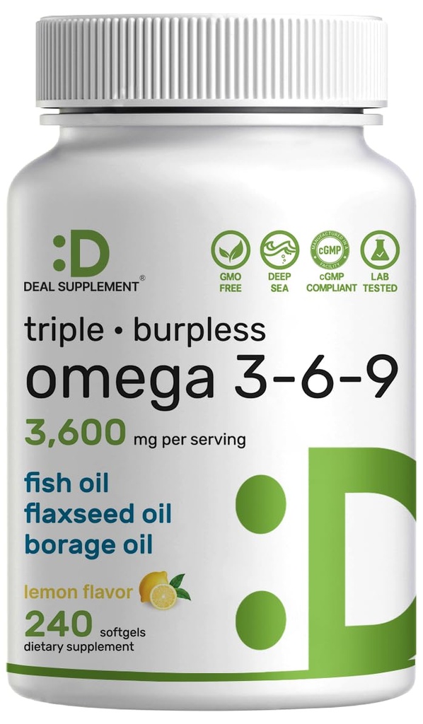 Triple Omega 3-6-9 Fish Oil Supplements 3,600mg - 240 Softgels med Flaxseed Oil & Borage Olies Complex - High EPA + DHA - Burpless Pills, Lemon Flavored, Wild Caught - Heart, Joint, & Brain Support