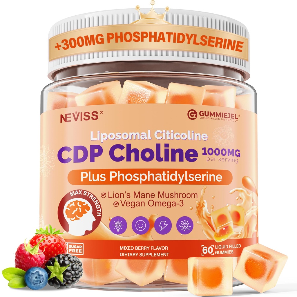 Citicolin 1000mg & Phosphatidylserin 300mg Kosttilskud CDP Cholin Gummies, Brain Supplement for Hukommelse og Fokus Mane Mushroom, Omega-3, Methylfolat, B6 & B12, Non- GMO, Sugar Free, 60ct