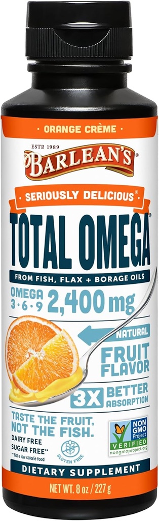 Barlean 's Total Omega 3 6 9 Orange Crème Liquid Fish Oil Supplement med Borage og Flaxseed Oil, 2,400 mg Omegas EPA og DHA Plus GLA for fælles og hjerte sundhed, 8 oz