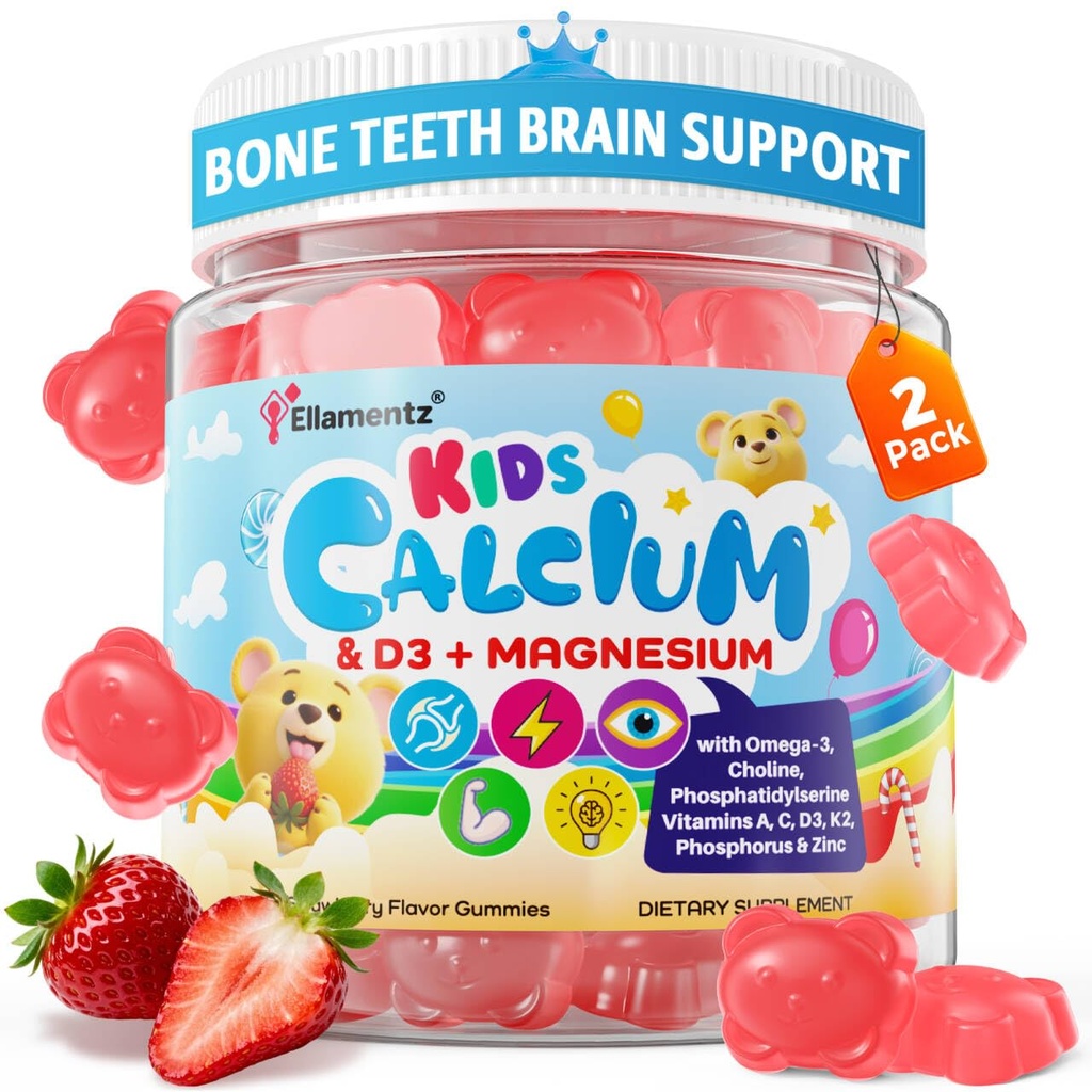 Calcium Gummies + D3 & Magnesium for Kids & Teens, w / Calcium Citrat Calcium Algae Calciummælk, Omega-3 (DHA / EPA), Vitaminer A, C, K2, Cholin, Zink, Vitaminer Gummies for Bone, Grôwth & Brain, 2 Pack