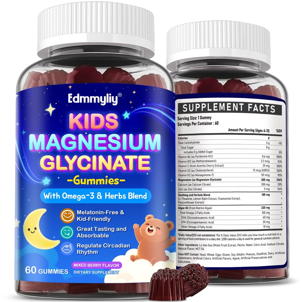 Kids Magnesium Glycinate Gummies - Magnesium Glycinate Supplement 200mg med L- theanin Omega-3 Calciumvitamin D3 & B12 til børn Natural Zzz ved sengetid & Samlet sundhed - Sukker fri & ikke-GMO