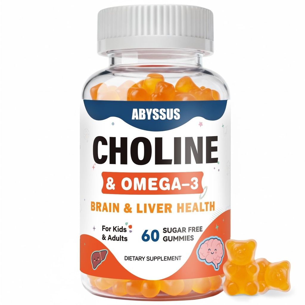 ABYSSUS Cholin Gummies til børn og voksne, Sugar Free Cholin Bitartrate Kosttilskud med Algal Omega-3 DHA EPA & Aktiv B6 B12, Brain & Leverstøtte, Vegan, 60 Greve