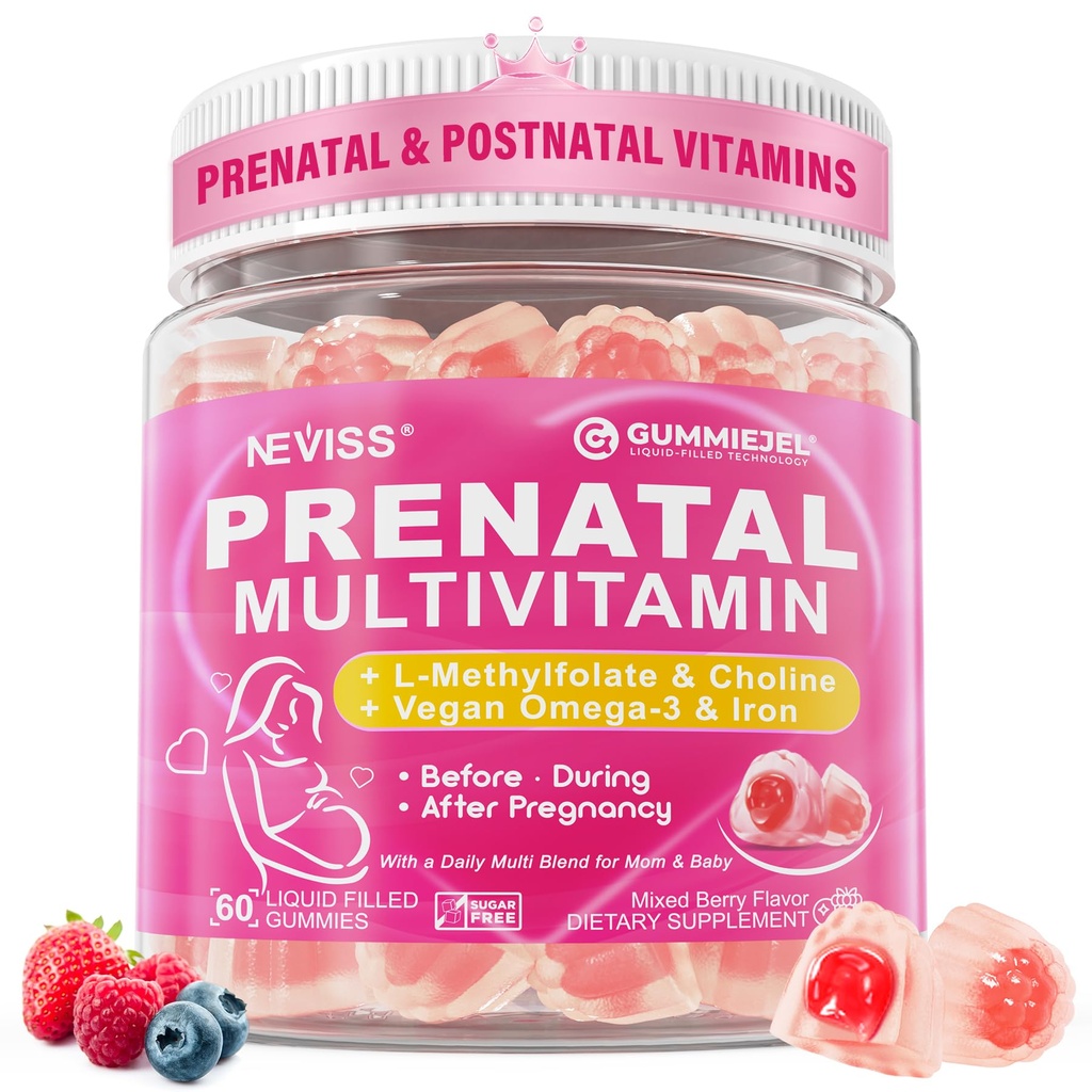 Prenatale vitaminer til kvinder Multivitamin Gummies w / Methylfolfolat 1mg, Cholin Omega-3 (DHA + EPA) Jern, Postnatale vitaminer til kvinder Amning 124; Før, Under & efter graviditet, Sugar Free, Vegan, 60Cts