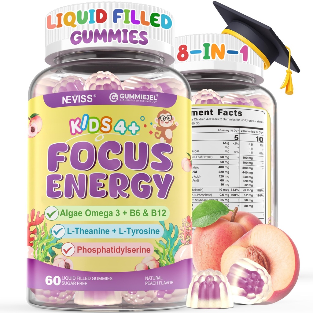 Kids Focus Gummies - Hjerne Kosttilskud med Vegan Omega 3 DHA, Phosphatidylserin, L-Theanine, L-Tyrosine, Metyleret B6 & B12 for Kids & Teen Support Opmærksomhed, Hukommelse, Nootrop, Sugar Free 60cts